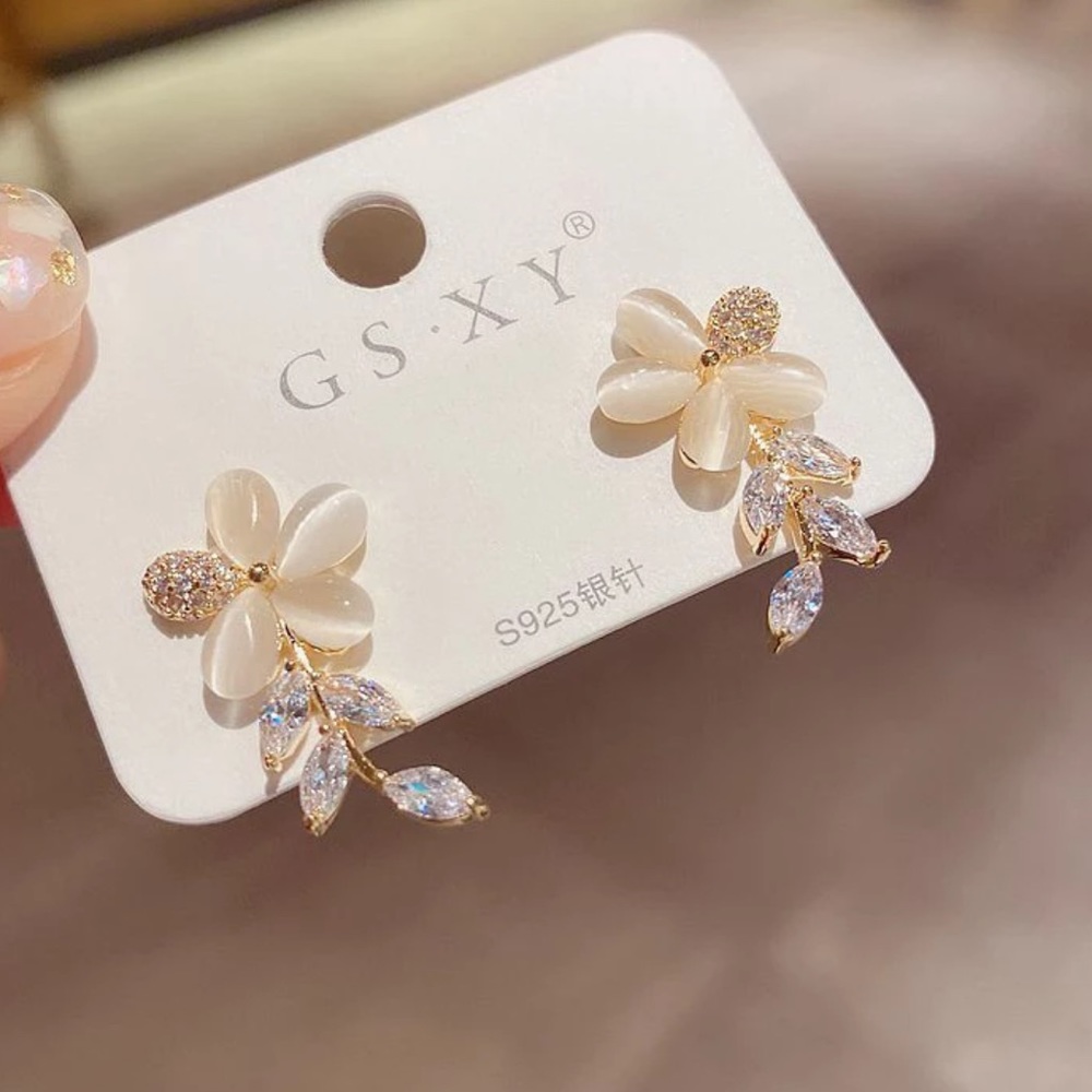 CZ Crystal Flower & Leaf Drop Earrings - Picture 2 of 5